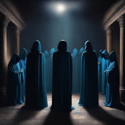 A compelling digital art image portrays a cult gathering in a shadowy chamber