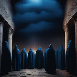 A compelling digital art image portrays a cult gathering in a shadowy chamber