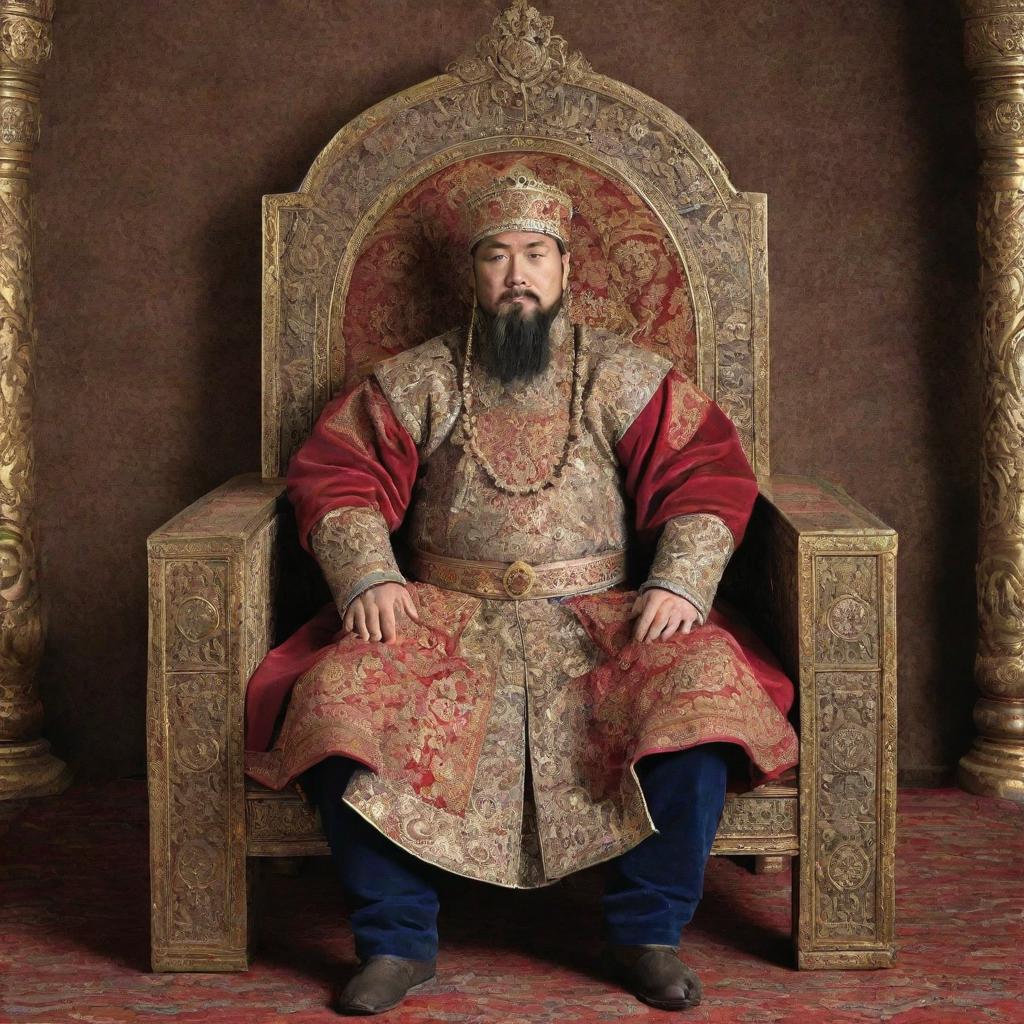 An historically accurate representation of Timur the Lame, a 14th century Turco-Mongol conqueror, sitting on his ornate throne in elaborate regalia against the backdrop of his empire.