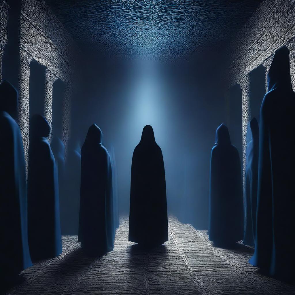 A captivating digital art image illustrating a cult gathering in a dark, ominous chamber