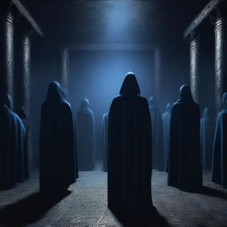 A captivating digital art image illustrating a cult gathering in a dark, ominous chamber