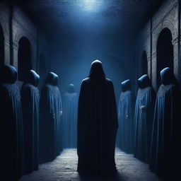 A captivating digital art image illustrating a cult gathering in a dark, ominous chamber