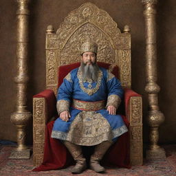 An historically accurate representation of Timur the Lame, a 14th century Turco-Mongol conqueror, sitting on his ornate throne in elaborate regalia against the backdrop of his empire.