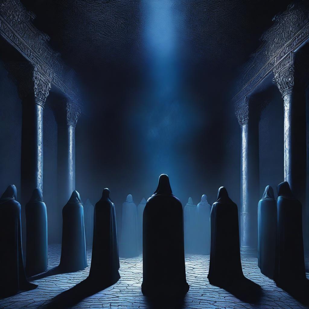 A captivating digital art image illustrating a cult gathering in a dark, ominous chamber