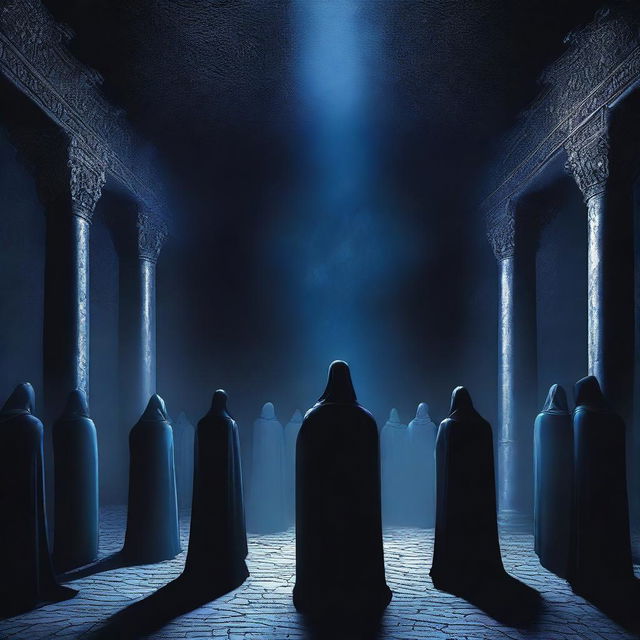 A captivating digital art image illustrating a cult gathering in a dark, ominous chamber