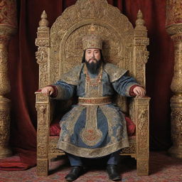 An historically accurate representation of Timur the Lame, a 14th century Turco-Mongol conqueror, sitting on his ornate throne in elaborate regalia against the backdrop of his empire.