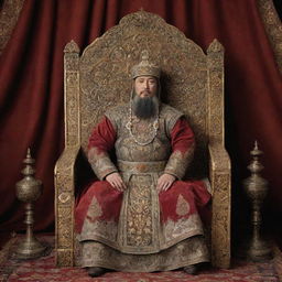 An historically accurate representation of Timur the Lame, a 14th century Turco-Mongol conqueror, sitting on his ornate throne in elaborate regalia against the backdrop of his empire.