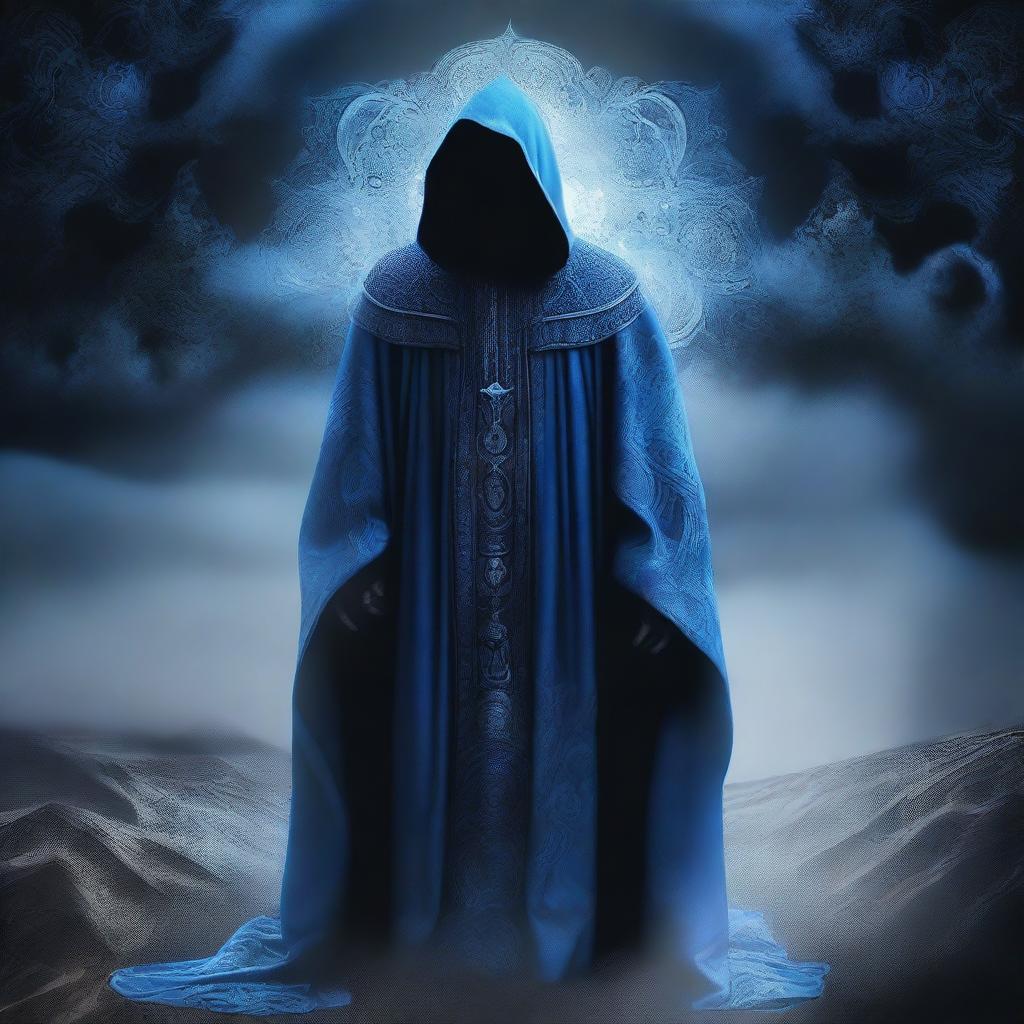 A striking digital art piece features a mysterious cult member swathed in blue cloaks, decorated with a unique black cloud pattern