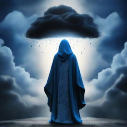 A striking digital art piece features a mysterious cult member swathed in blue cloaks, decorated with a unique black cloud pattern