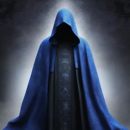 A striking digital art piece features a mysterious cult member swathed in blue cloaks, decorated with a unique black cloud pattern