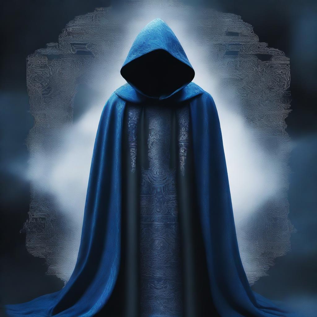 A striking digital art piece features a mysterious cult member swathed in blue cloaks, decorated with a unique black cloud pattern