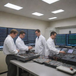 A team of five engineers working diligently on circuit generators in a high-tech lab surrounded by advanced equipment.