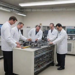 A team of five engineers working diligently on circuit generators in a high-tech lab surrounded by advanced equipment.