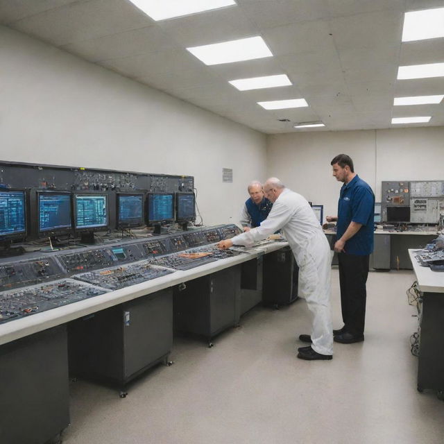 A team of five engineers working diligently on circuit generators in a high-tech lab surrounded by advanced equipment.