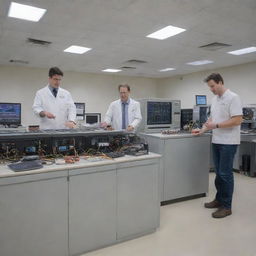 A team of five engineers working diligently on circuit generators in a high-tech lab surrounded by advanced equipment.