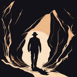 A vintage-style, high-quality image showcasing the silhouette of a man walking into a cave