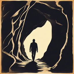 A vintage-style, high-quality image showcasing the silhouette of a man walking into a cave