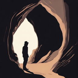 A vintage-style, high-quality image showcasing the silhouette of a man walking into a cave