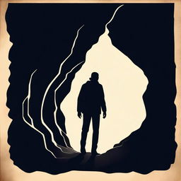 A vintage-style, high-quality image showcasing the silhouette of a man walking into a cave