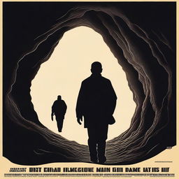 A high-quality movie poster featuring the silhouette of a man walking into a cave