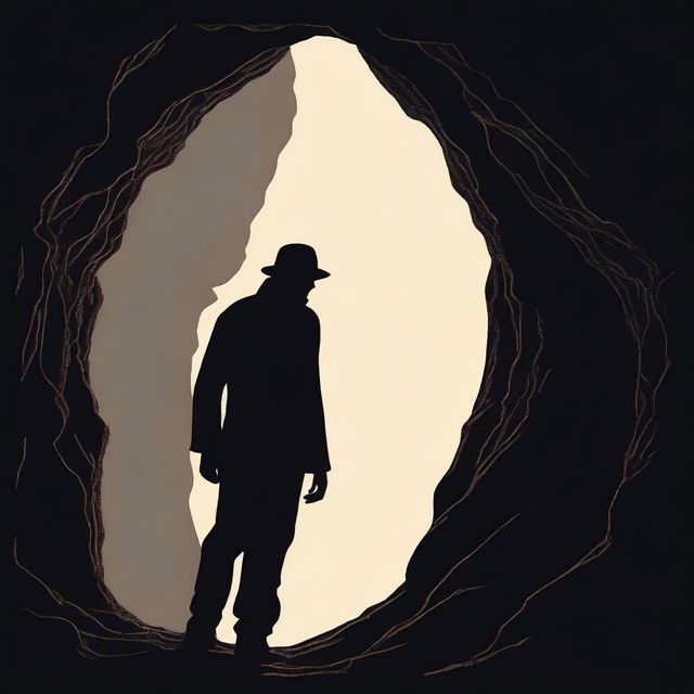 This is a high-quality movie poster capturing the silhouette of a man exploring a dark cave