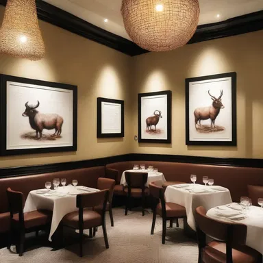 The restaurant showcased a sophisticated interior design with elegant mutton-themed artwork.