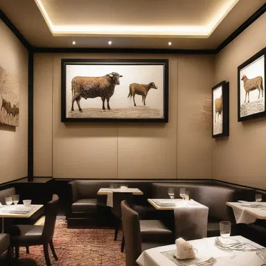 The restaurant showcased a sophisticated interior design with elegant mutton-themed artwork.