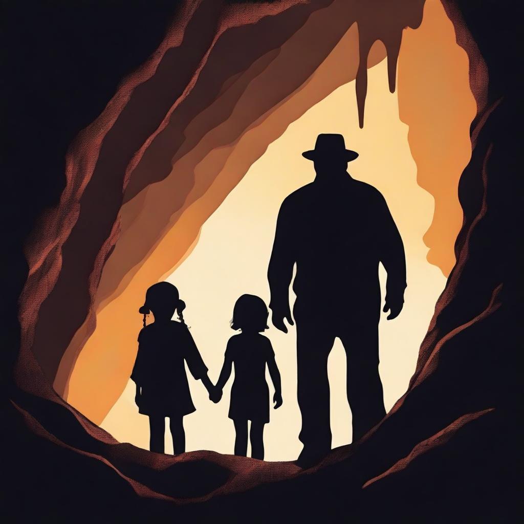 A high-quality movie poster image depicting the silhouettes of a man and his daughter exploring a mysterious cave