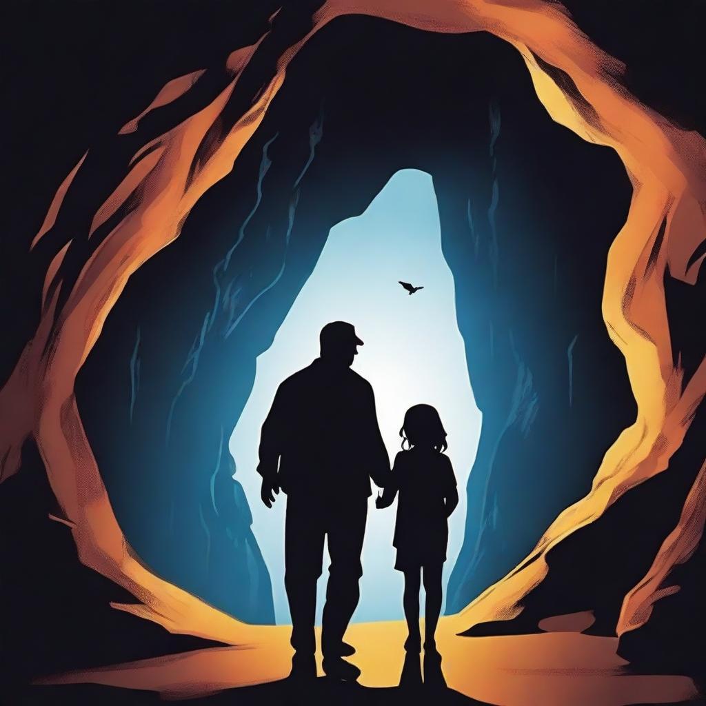 A high-quality movie poster image depicting the silhouettes of a man and his daughter exploring a mysterious cave