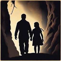 A high-quality movie poster image depicting the silhouettes of a man and his daughter exploring a mysterious cave