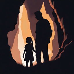 A high-quality movie poster image depicting the silhouettes of a man and his daughter exploring a mysterious cave