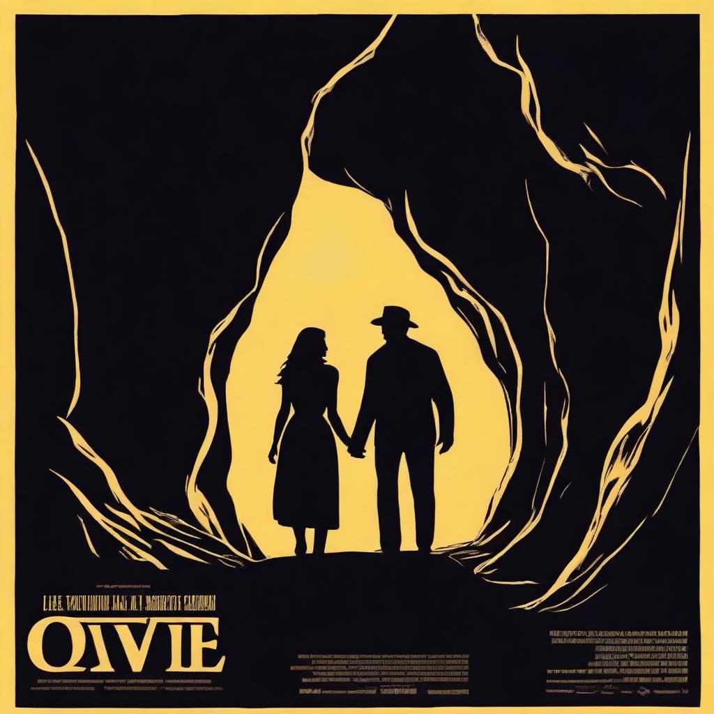 A high-quality movie poster image featuring the silhouettes of a man and his wife venturing into a dark cave