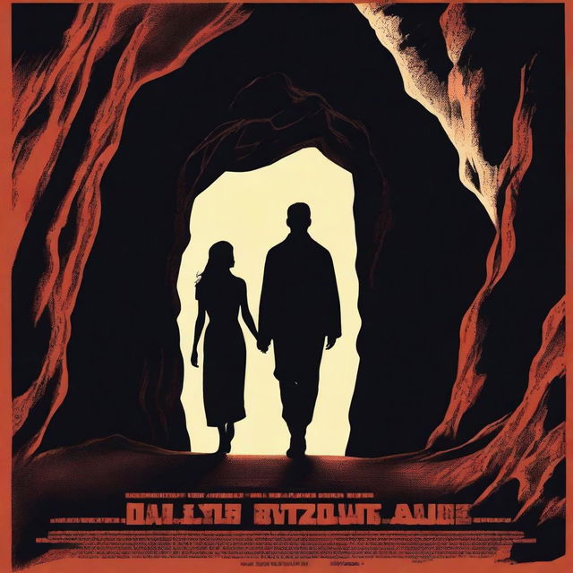 A high-quality movie poster image featuring the silhouettes of a man and his wife venturing into a dark cave