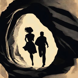 An image of the highest quality, styled as a vintage silhouette of a man and his wife running through a cave