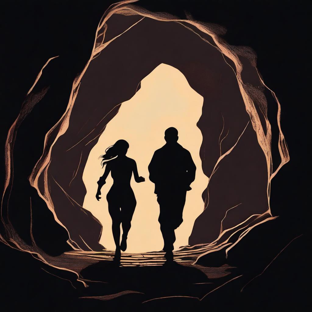 An image of the highest quality, styled as a vintage silhouette of a man and his wife running through a cave