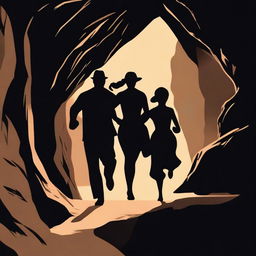 An image of the highest quality, styled as a vintage silhouette of a man and his wife running through a cave