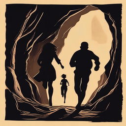 An image of the highest quality, styled as a vintage silhouette of a man and his wife running through a cave