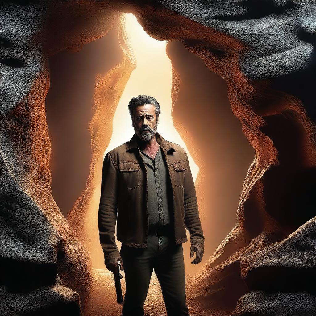 A high-quality digital art image showcasing Jeffrey Dean Morgan, the renowned actor, exploring a cave