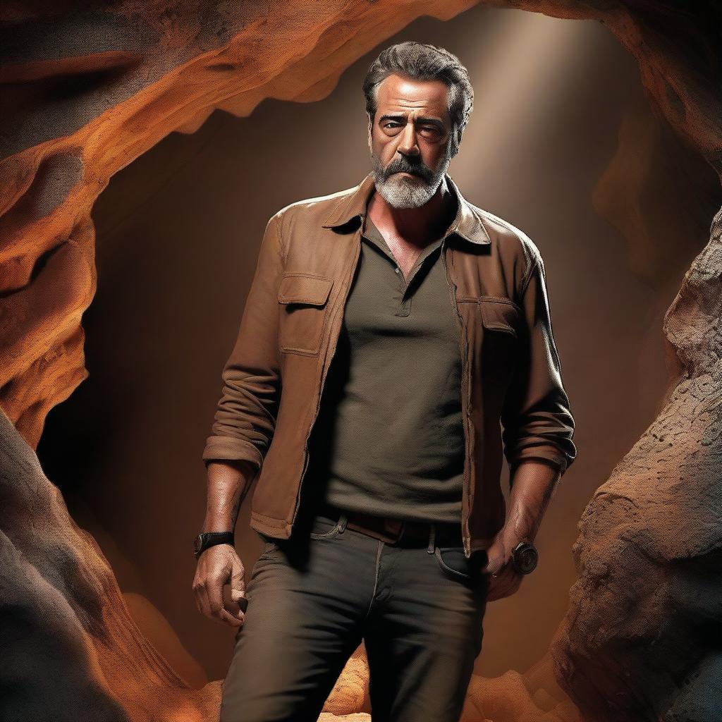 A high-quality digital art image showcasing Jeffrey Dean Morgan, the renowned actor, exploring a cave