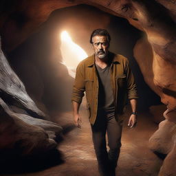 A high-quality digital art image showcasing Jeffrey Dean Morgan, the renowned actor, exploring a cave