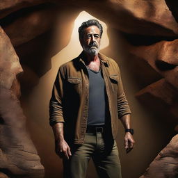 A high-quality digital art image showcasing Jeffrey Dean Morgan, the renowned actor, exploring a cave