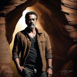 A high-quality digital art image featuring the renowned actor, Jeffrey Dean Morgan, exploring a cave