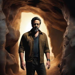 A high-quality digital art image featuring the renowned actor, Jeffrey Dean Morgan, exploring a cave