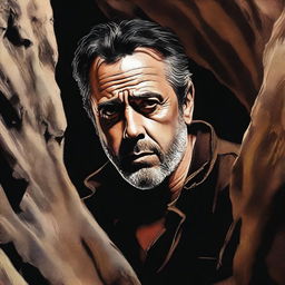 A high-quality digital art image featuring the renowned actor, Jeffrey Dean Morgan, exploring a cave