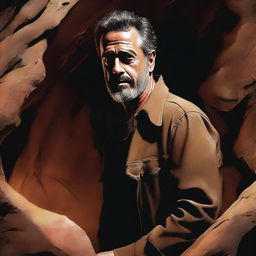 A high-quality digital art image featuring the renowned actor, Jeffrey Dean Morgan, exploring a cave