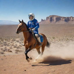 An astronaut confidently riding a spirited horse through a dramatic desert landscape, with dusty trials behind them, under a sprawling, clear blue sky