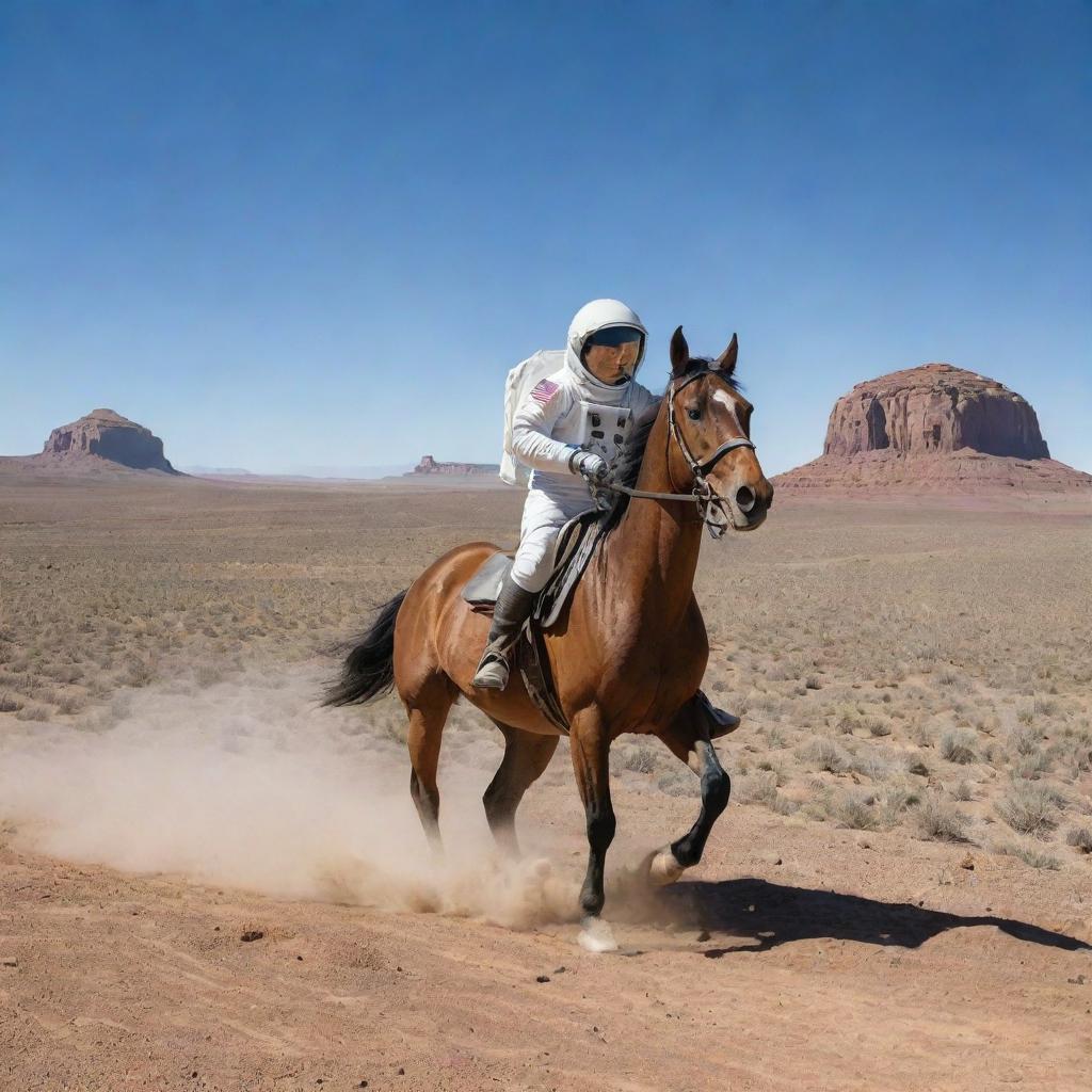 An astronaut confidently riding a spirited horse through a dramatic desert landscape, with dusty trials behind them, under a sprawling, clear blue sky