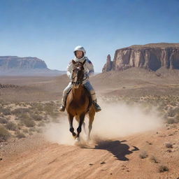 An astronaut confidently riding a spirited horse through a dramatic desert landscape, with dusty trials behind them, under a sprawling, clear blue sky