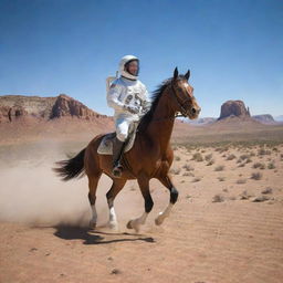 An astronaut confidently riding a spirited horse through a dramatic desert landscape, with dusty trials behind them, under a sprawling, clear blue sky