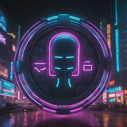 Dystopian cyberpunk logo with cyberpunk background featuring neon lights, futuristic elements, and technological motifs